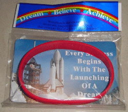 Dream-Believe-Achieve™ Motivational wristbands and Card come in regular polybag.  Front of Card reads; every success begins with the launching of a dream